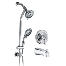 Drill-Free Stainless Steel Slide Bar Combo Rain Showerhead 7-Setting Hand, Dual Shower Head Spa System with Tup Spout (Rough-in Valve Included) (Color: as pic)
